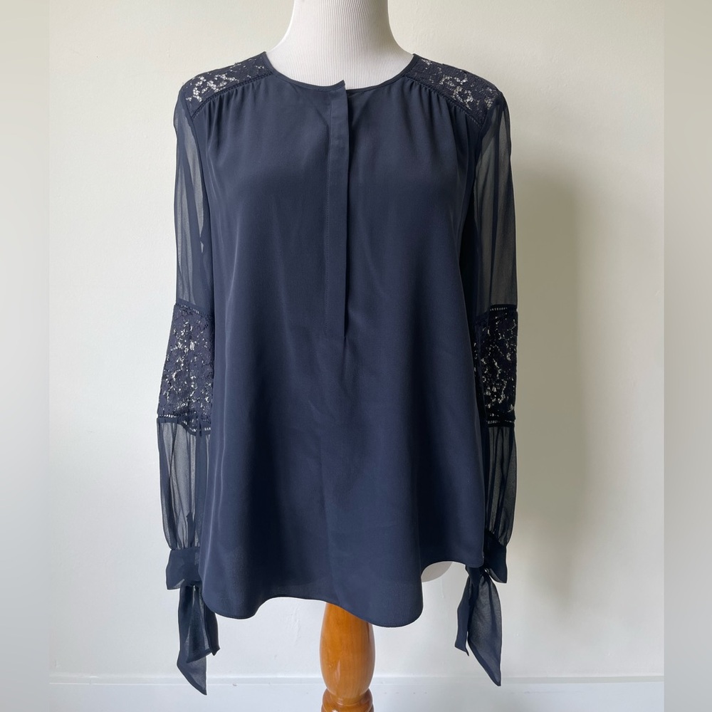 Rebecca Taylor Navy Silk Lace Sheer Long Sleeve Blouse Sz 4 Romantic Coquette